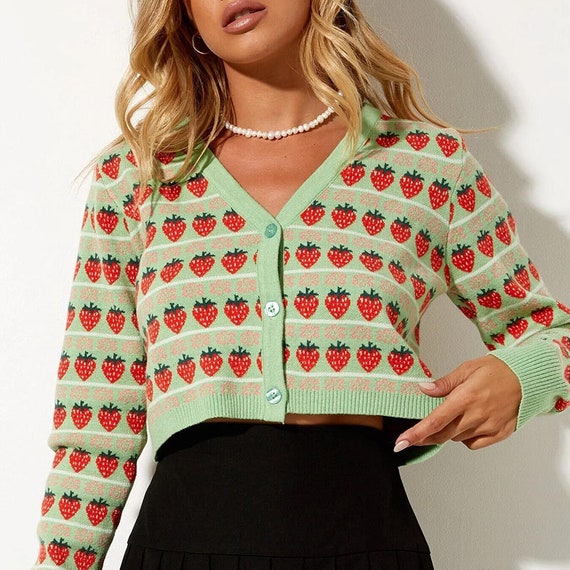 2021 New Fashion V Neck Cardigan Strawberry Print Crop Tops - Etsy