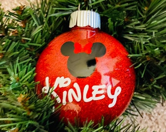 Personalized Mickey and Minnie Glitter Christmas Ornaments