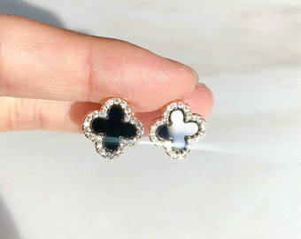 Clip On Earrings 14K Gold Plated Black Dainty Four Leaf Clover Paved Rhinestone Diamonds| New Pain Free Clip Coil Design | Non Pierced Ears