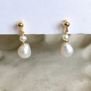 Clip On Earrings Natural Baroque Duo Freshwater Pearls Dangle Drop French Vintage Inspired|New Pain Free Clip Coil Design|Non Pierced Ears