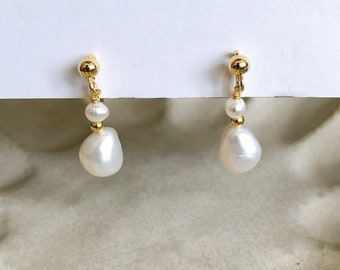 Clip On Earrings Natural Baroque Duo Freshwater Pearls Dangle Drop French Vintage Inspired|New Pain Free Clip Coil Design|Non Pierced Ears