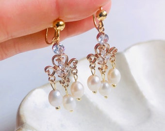 Boucles D'oreilles Clip D'inspiration Rétro Vintage Perle D'eau Douce Naturelle Plaquée Or 14 Carats | Nouveau design de bobine à clip sans douleur | Oreilles non percées