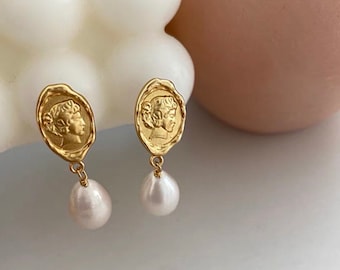 Clip On Earrings Renaissance Silhouette Girl with Natural Baroque Freshwater Pearls Teardrop 14k Gold Plated |New Pain Free Clip Coil Design