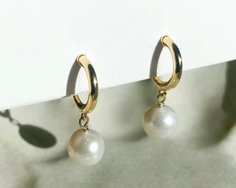 Clip On Earrings Natural Round White Freshwater Pearls Drop 16K Gold Plated Hoop|New Pain Free Clip Coil Design|Non Pierced Ears