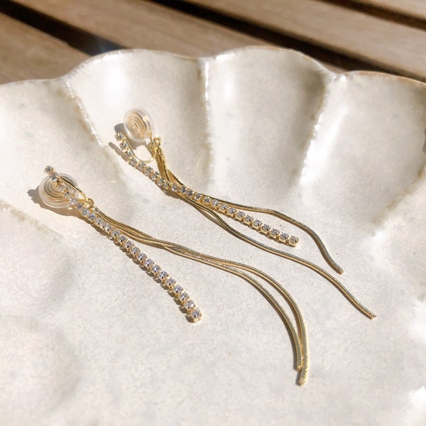 Clip On Earrings Invisible 16K Gold Plated Long Tassel Rhinestone Diamond Threader| Enhanced New Pain Free Clip Coil Design|Non Pierced Ears