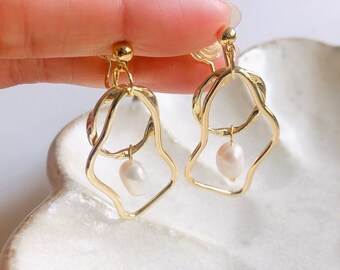 Clip On Earrings Irregular 14K Gold Plated Baroque Natural Freshwater Pearl Pendant Drop |New Pain Free Clip Coil Design|Non Pierced Ears