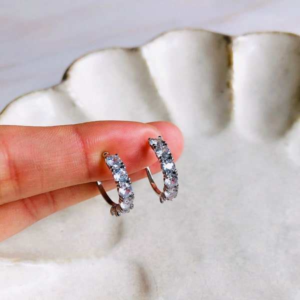 Clip On Earrings Invisible Silver Zircon Rhinestone Big Simple Minimalist Hoop | New Pain Free Clip Coil Design | Non Pierced Ears