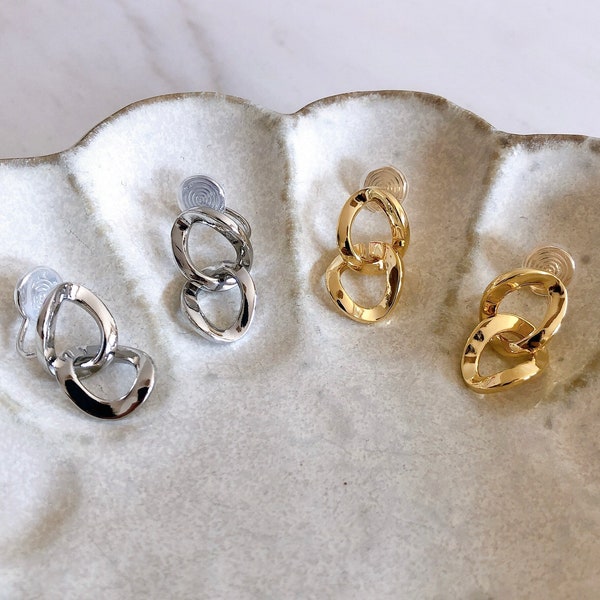 Clip On Earrings Invisible Gold/Silver Chic Medium Chain Link | New Invisible Pain Free Clip Coil Design | Non Pierced Ears