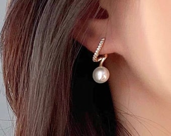 Clip On Earrings Natural Freshwater Pearl Drop 14K Gold Plated Spiral Twist Paved Zircon Rhinestone |New Pain Free Clip Coil Design