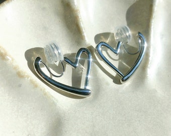 Clip On Earrings Gold/Silver Large Heart-shaped Chic Love Hoop | Enhanced Secured New Pain Free Clip Coil Design | Non Pierced Ears