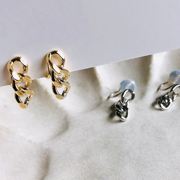 Clip On Earrings Invisible Gold/Silver Chic Chain Link | New Invisible Pain Free Clip Coil Design | Non Pierced Ears