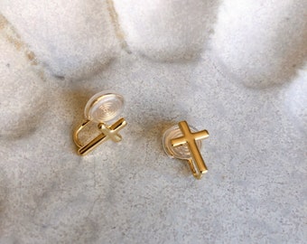 Clip On Earrings Invisible 16K Gold Plated Cross Earrings 1 Pair | New Pain Free Clip Coil Design | Non Pierced Ears | Jewelry Gift