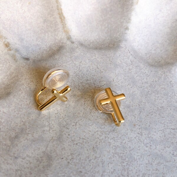 Clip On Earrings Invisible 16K Gold Plated Cross Earrings 1 Pair | New Pain Free Clip Coil Design | Non Pierced Ears | Jewelry Gift