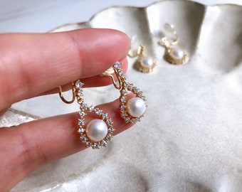 Clip On Earrings Natural Freshwater Pearl with Zircon Rhinestone Gold Water-drop Teardrop Dangle Drop |New Pain Free Clip Coil Design