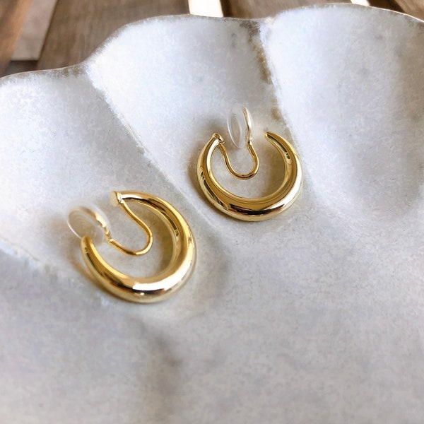 Clip On Earrings Invisible Clip 16K Gold Plated Medium Size Simple Chic Minimalist Hoop | New Pain Free Clip Coil Design | Non Pierced Ears