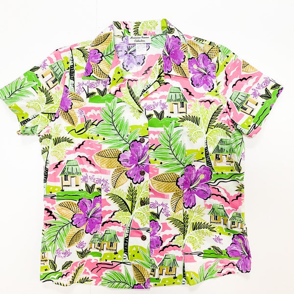 Ladies Hawaiian Buttondown Campshirt, Made In Hawaii, Hawaiian Hut, Perfect for your Hawaiian Luau Theme Party, Vacation Casual Wear.