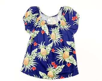 Women’s Rayon Peasant Blouse- Navy, Pineapple, fern, red floral, Made In Hawaii