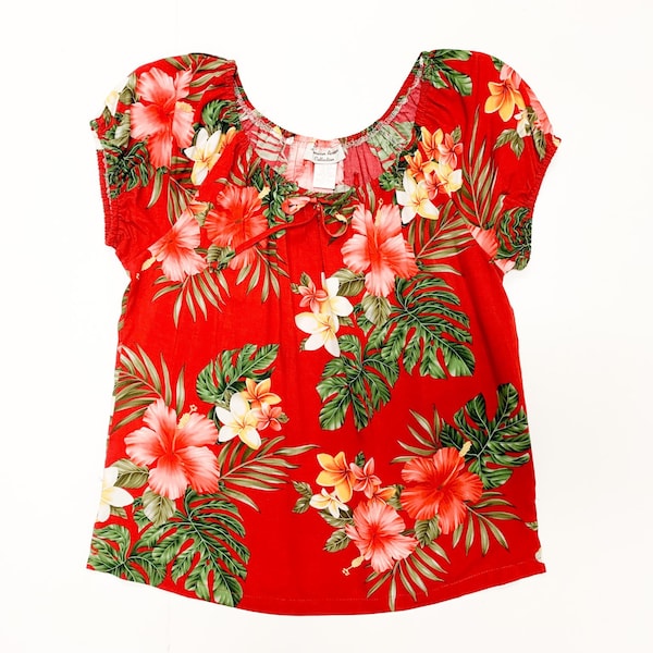 Women's Rayon Peasant Blouse, Made in Hawaii, Hibiscus, Plumeria Floral Design, Perfect for Hawaiian Luan Theme Party