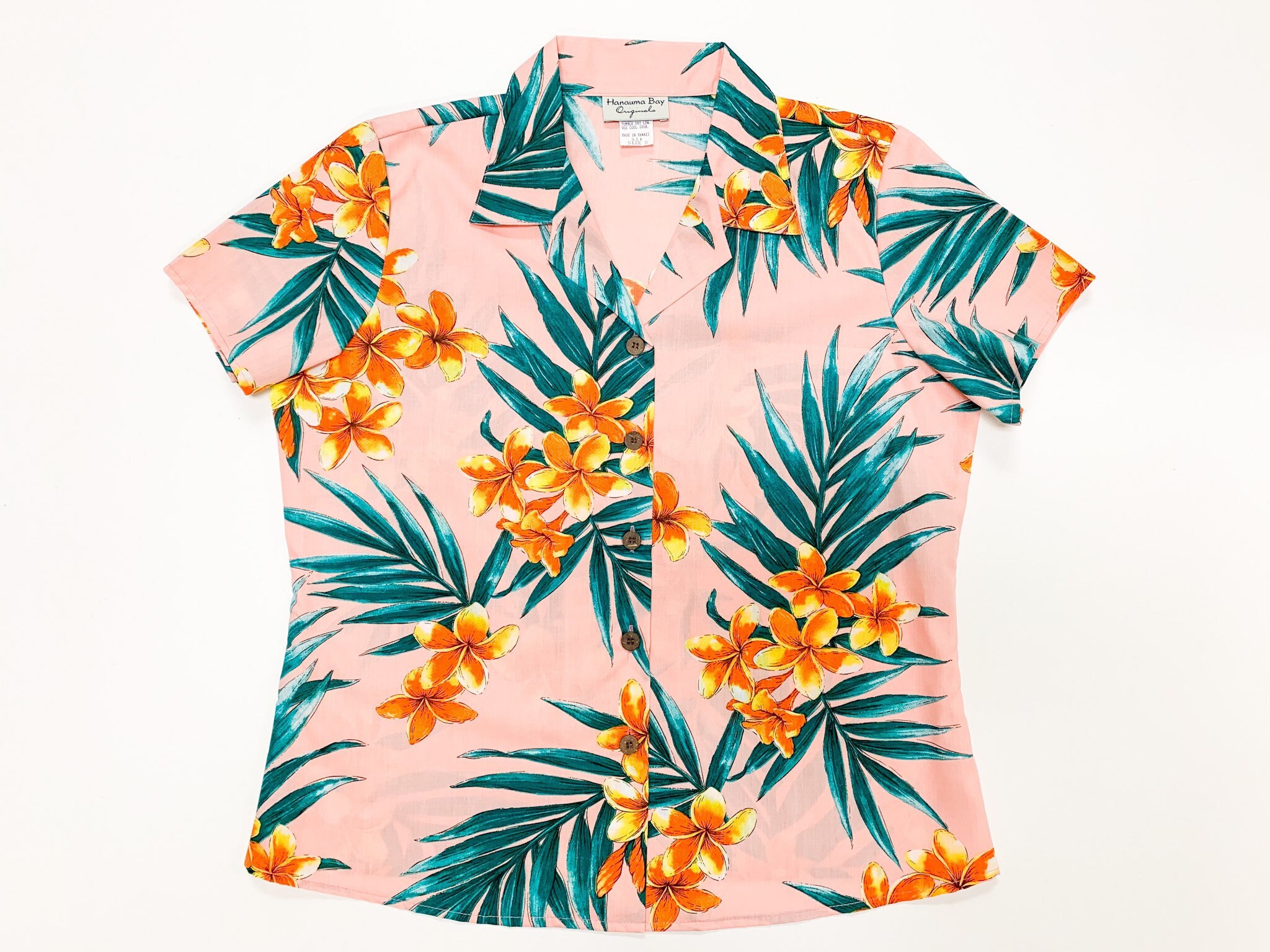 Ladies Hawaiian Buttondown Campshirt, Made in Hawaii, Plumeria fern