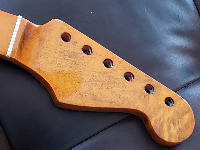 Strat Guitar Neck vintage style beautiful aged roasted finish medium size frets mother of pearl Possition Markers. image 3