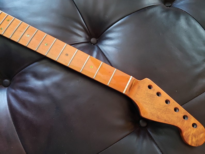 Strat Guitar Neck vintage style beautiful aged roasted finish medium size frets mother of pearl Possition Markers. image 4