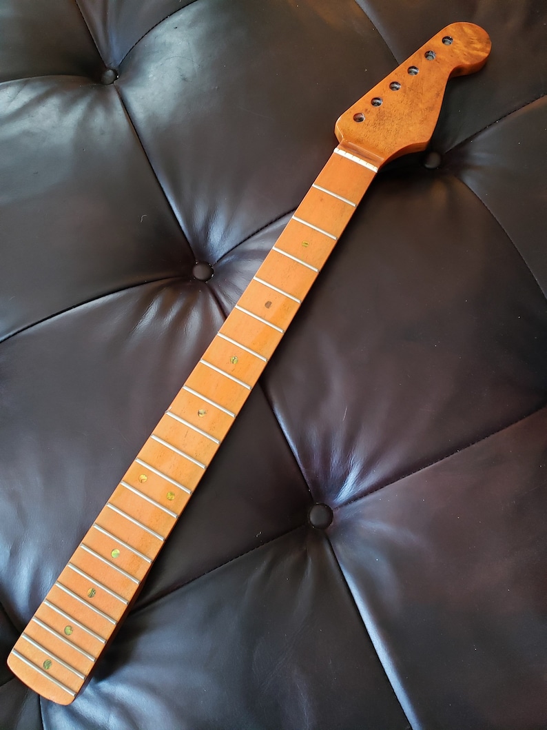 Strat Guitar Neck vintage style beautiful aged roasted finish medium size frets mother of pearl Possition Markers. image 1