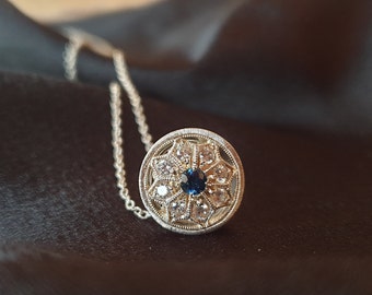 Silver flower pendant with natural sapphire and zirconia, unique piece, birthstone necklace, anniversary, hand crafted, one of a kind!