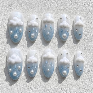Light Blue Shimmer Cloud 3D Raindrop Pearl Gem Almond Shape Press On Nails