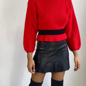 Vintage Peplum Sweater Red Black Sweater High neck sweater Mock neck crop sweater S image 1