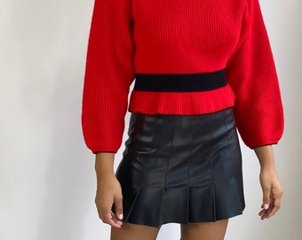 Vintage Peplum Sweater | Red Black Sweater | High neck sweater | Mock neck crop sweater (S)