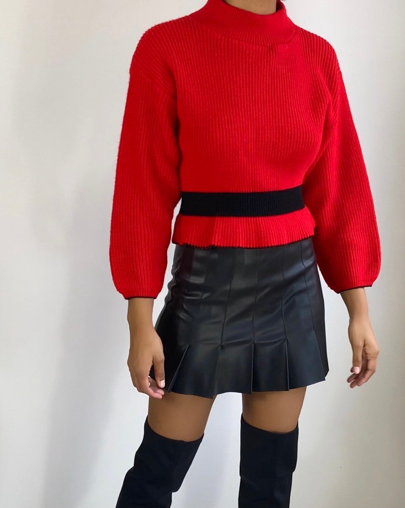 Vintage Peplum Sweater Red Black Sweater High neck sweater Mock neck crop sweater S image 1