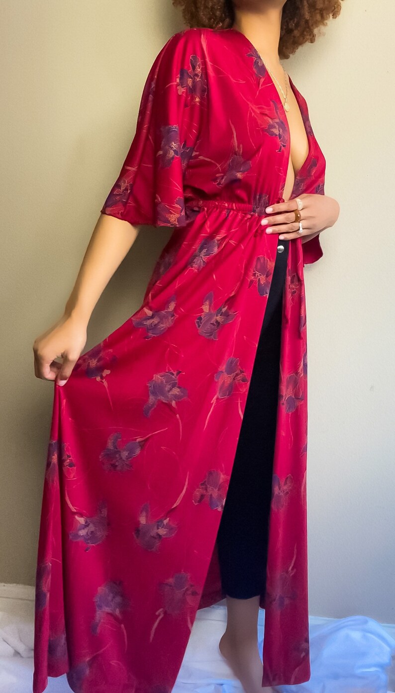 70s Vintage Bohemian Floral Long Robe Dress Long Wrap Dress Hippie Dresses V Neck Dresses Floral Wrap Dress S-M image 1