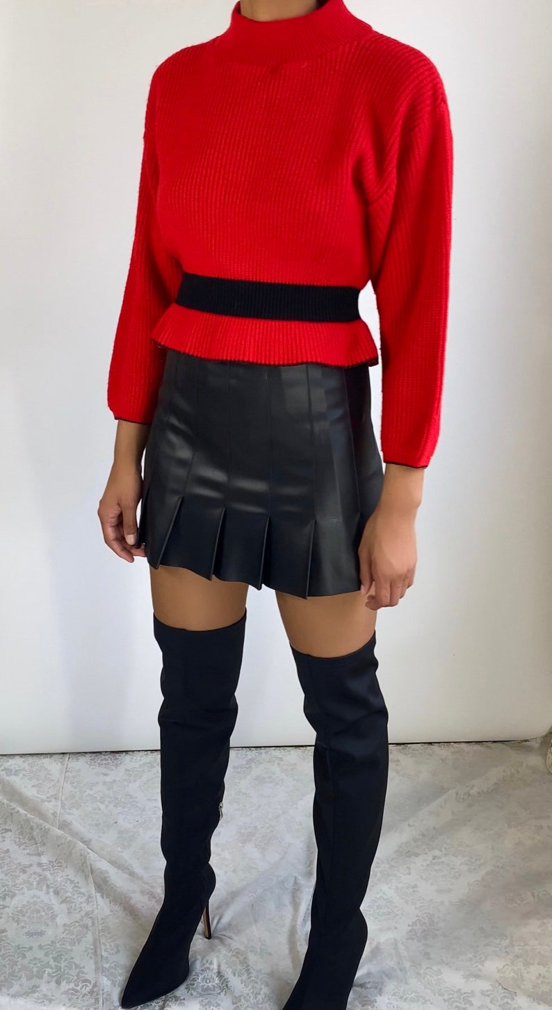 Vintage Peplum Sweater Red Black Sweater High neck sweater Mock neck crop sweater S image 2