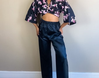 High Waist Wide Leg Full Length Bohemian Black Satin Pants | Wide Leg Pants, Wide Leg Pant, Wide Leg Palazzo Pant (M)