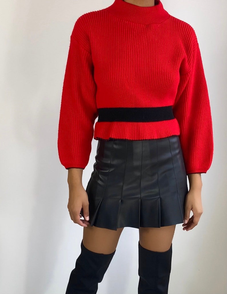 Vintage Peplum Sweater Red Black Sweater High neck sweater Mock neck crop sweater S image 5