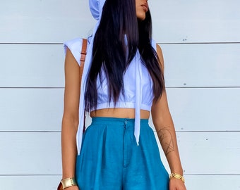 80’s High Waisted Mom Short in Cyan Blue | Vintage Shorts | High Rise pants | Blue high waisted shorts (25)