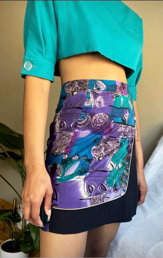 80’s Abstract Paisley Print Wrap Skirt Purple Mul… - image 1