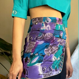 80s Abstract Paisley Print Wrap Skirt Purple Multi Vintage Cotton Skirts Boho Wrap Skirt Paisley SkirtS image 4