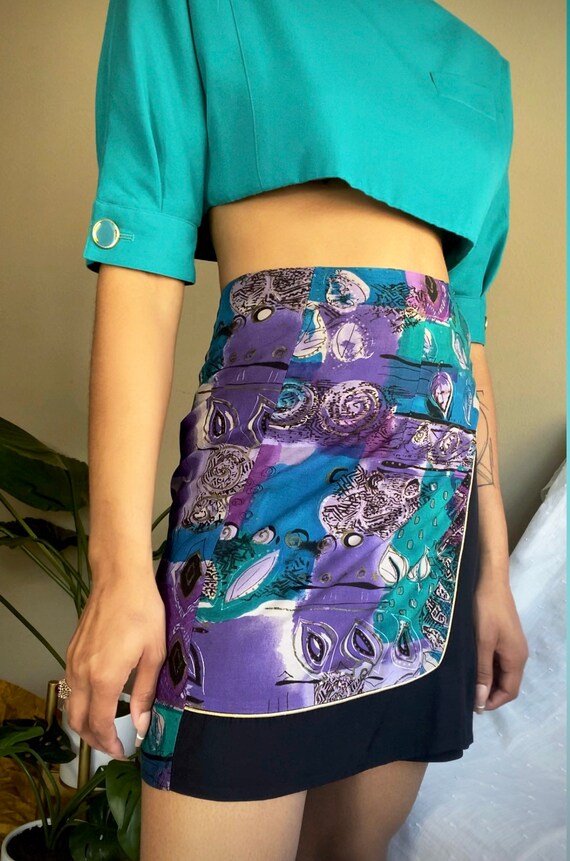 80’s Abstract Paisley Print Wrap Skirt Purple Mul… - image 4