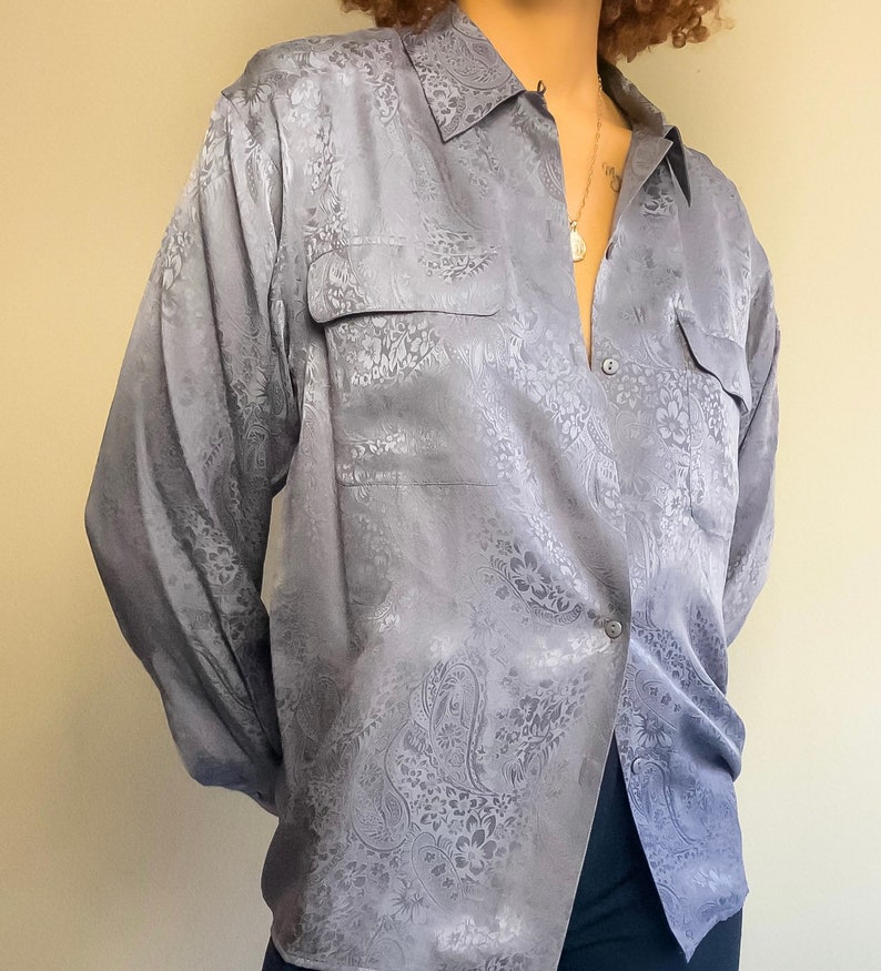 90s Vintage Grey Silk Blouse Long Sleeve Silk Shirt Silk Tops Silk Blouses M image 4