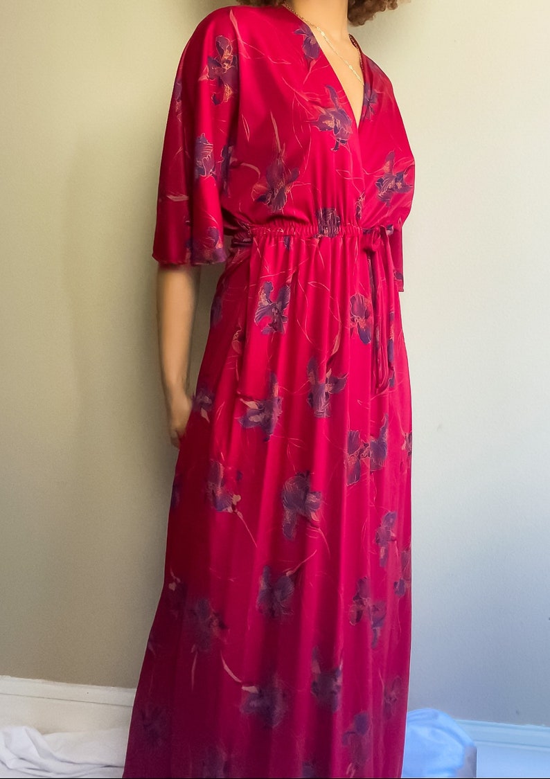 70s Vintage Bohemian Floral Long Robe Dress Long Wrap Dress Hippie Dresses V Neck Dresses Floral Wrap Dress S-M image 7