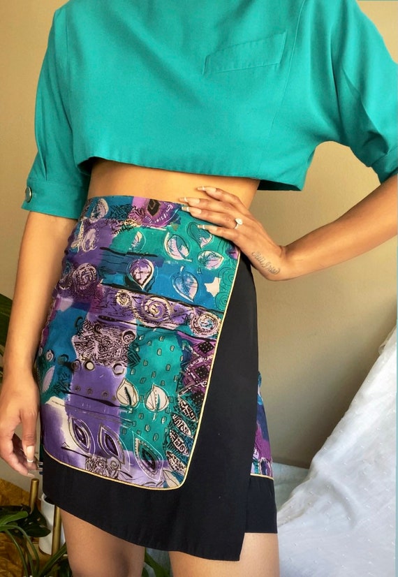 80’s Abstract Paisley Print Wrap Skirt Purple Mul… - image 3