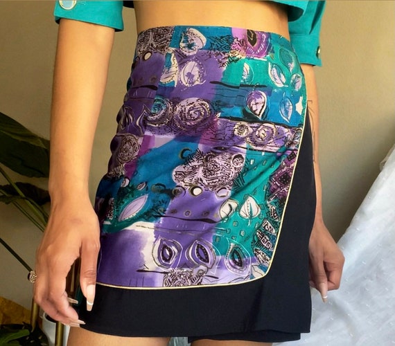 80’s Abstract Paisley Print Wrap Skirt Purple Mul… - image 2