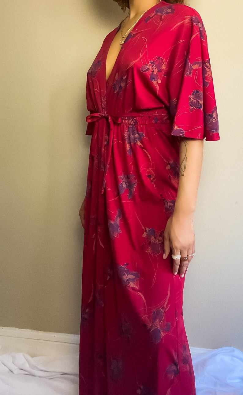 70s Vintage Bohemian Floral Long Robe Dress Long Wrap Dress Hippie Dresses V Neck Dresses Floral Wrap Dress S-M image 5