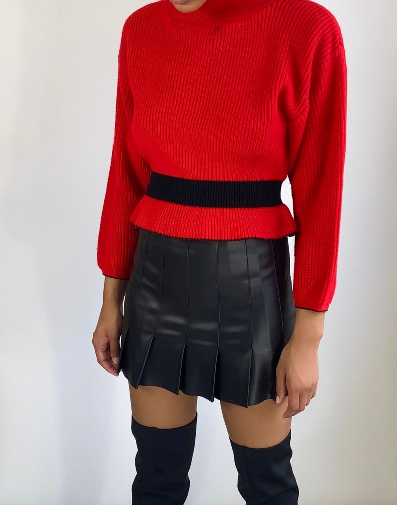 Vintage Peplum Sweater Red Black Sweater High neck sweater Mock neck crop sweater S image 3