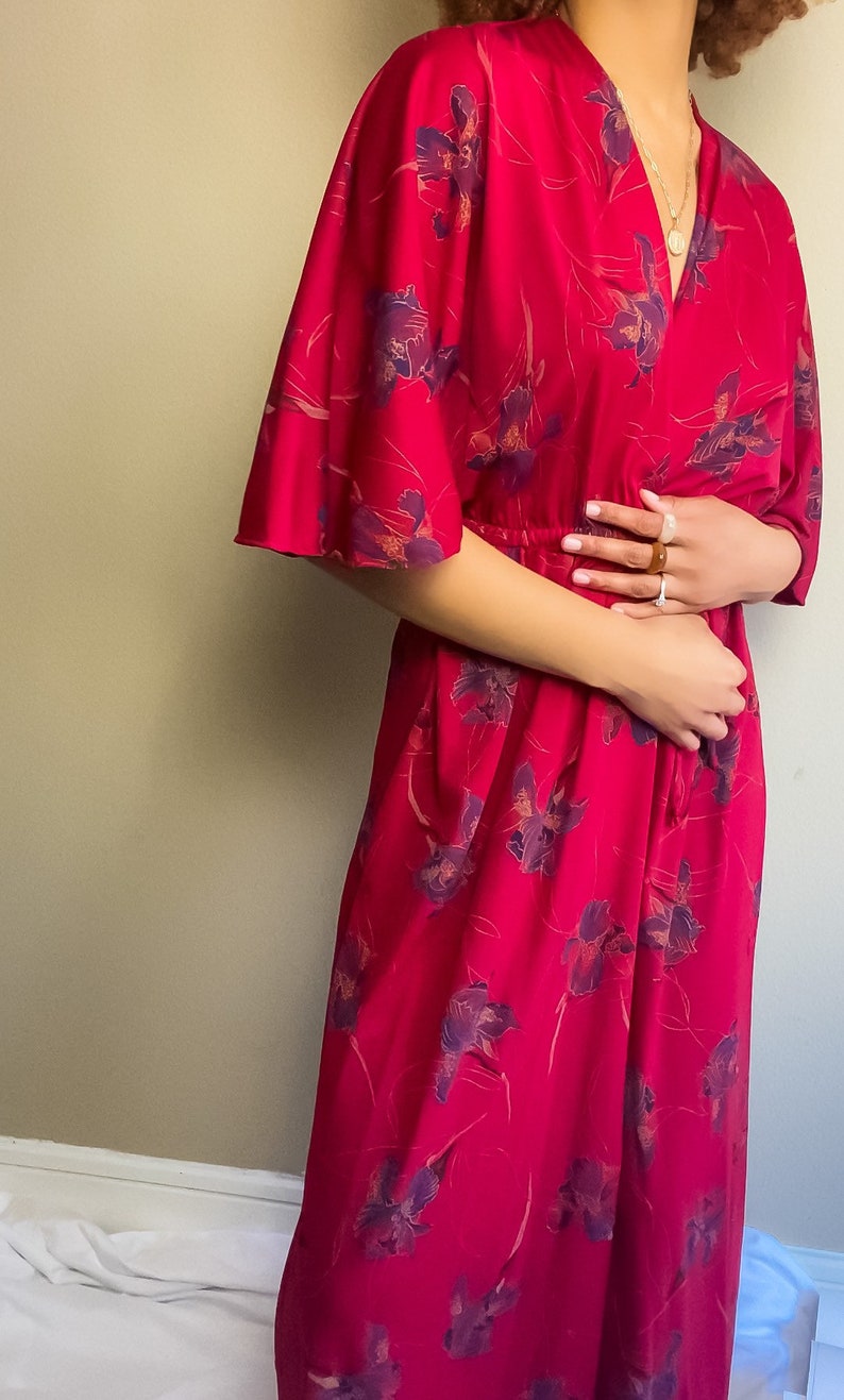 70s Vintage Bohemian Floral Long Robe Dress Long Wrap Dress Hippie Dresses V Neck Dresses Floral Wrap Dress S-M image 8