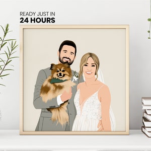 May include: A digital illustration of a couple and their dog. The couple are dressed in wedding attire. The man is wearing a grey suit and the woman is wearing a white dress. The dog is a brown and white Pomeranian. The illustration is framed in a light wood frame.