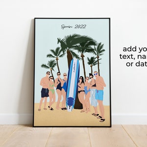 May include: A group of people stand on a beach with palm trees in the background. They are all wearing swimsuits and sunglasses. A surfboard is leaning against the group. The text "Spain 2022" is at the top of the image.