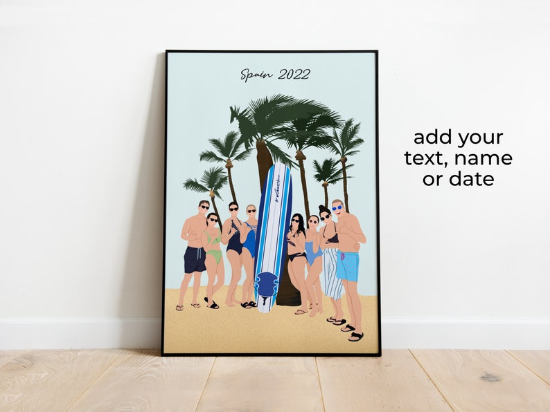 May include: A group of people stand on a beach with palm trees in the background. They are all wearing swimsuits and sunglasses. A surfboard is leaning against the group. The text "Spain 2022" is at the top of the image.