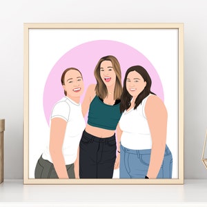 May include: A digital illustration of three friends smiling and standing together in front of a pink circle. The friends are wearing casual clothing, including a white t-shirt, a green tank top, and a white tank top.